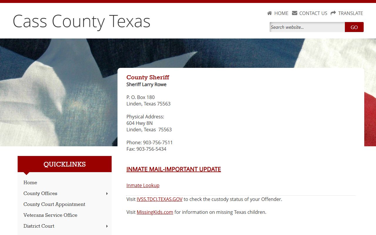 Cass County Sheriff's Office page for Justice Center inmate lookup and contact details