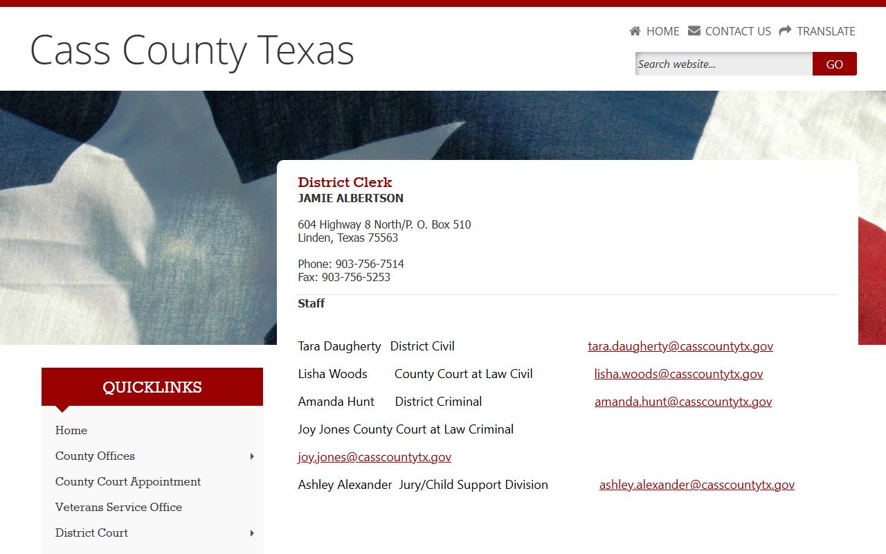 Cass County District Clerk court records contact page